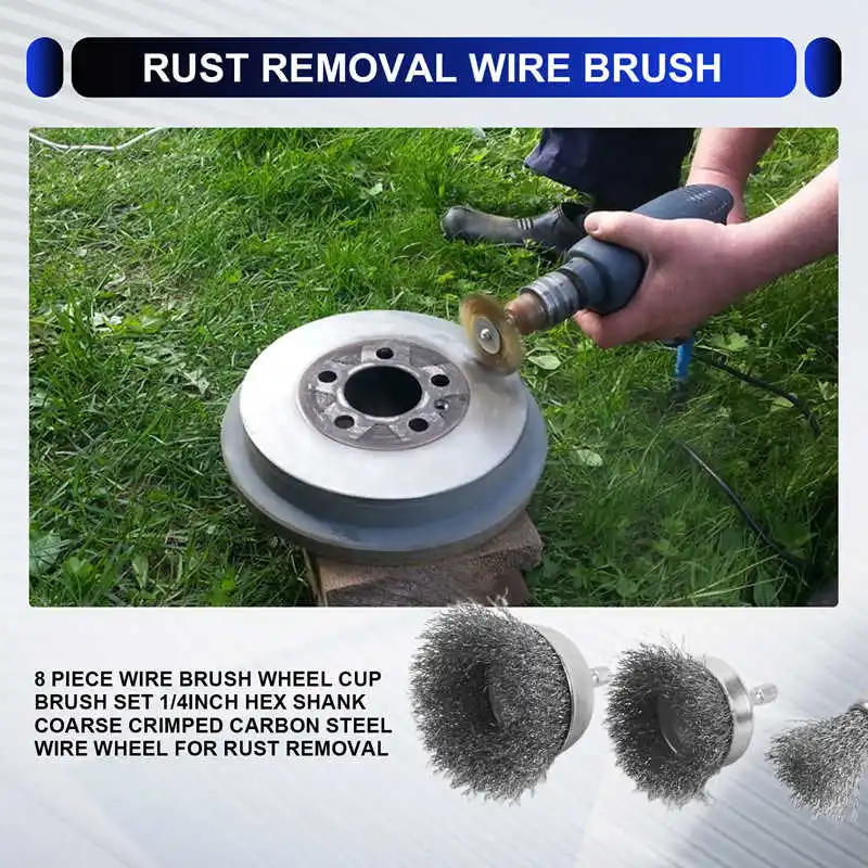 8 Piece Wire Brush Wheel Cup Brush Set 1/4Inch Hex Shank Coarse Crimped Carbon Steel Wire Wheel for Rust Removal-A62I view 2