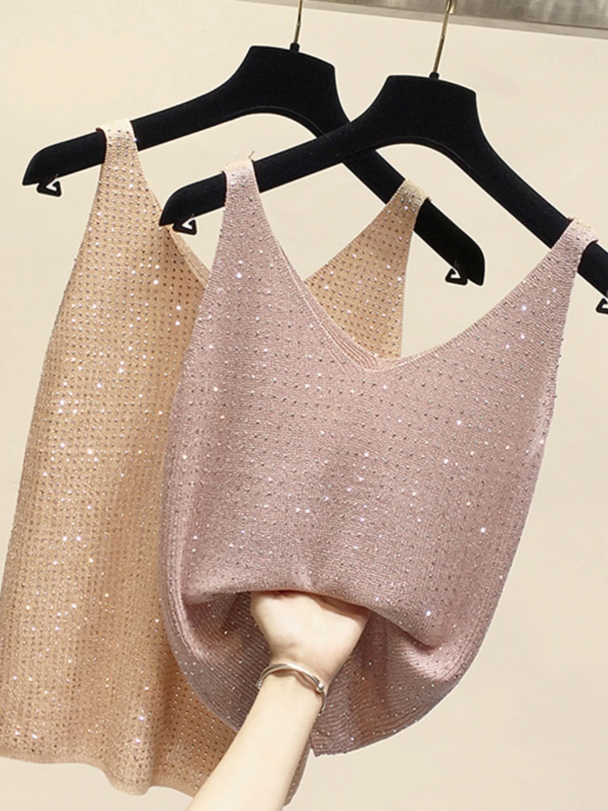 

iny Tead Women's Summer Knitted Ice Silk Vest Strapl V-Ne No-Sve Sparkling Top Breathable Thin Adult Faion Sun ...