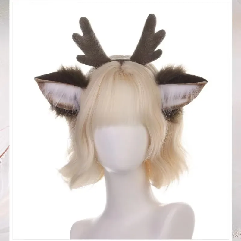 Winter Cute Faux Plush Ear Antler Headband Cosplay Handmade Christmas Accessories Performance Party Hair Ornaments 4