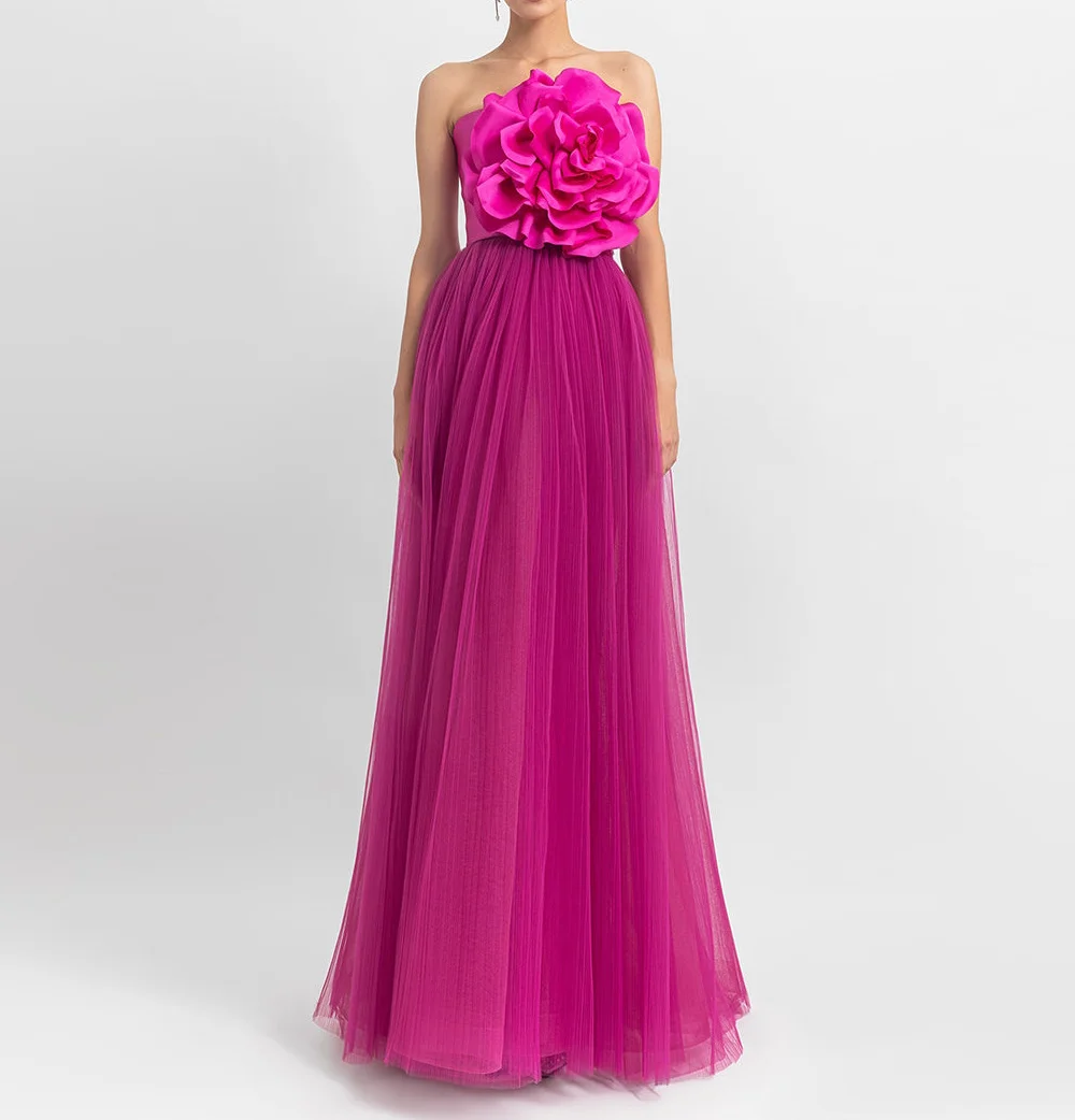 

Welove Strapless Prom Dress with Big Flower Tulle A-Line Evening Gowns Pleated Robes De Bal Vestidos Arab New 2024