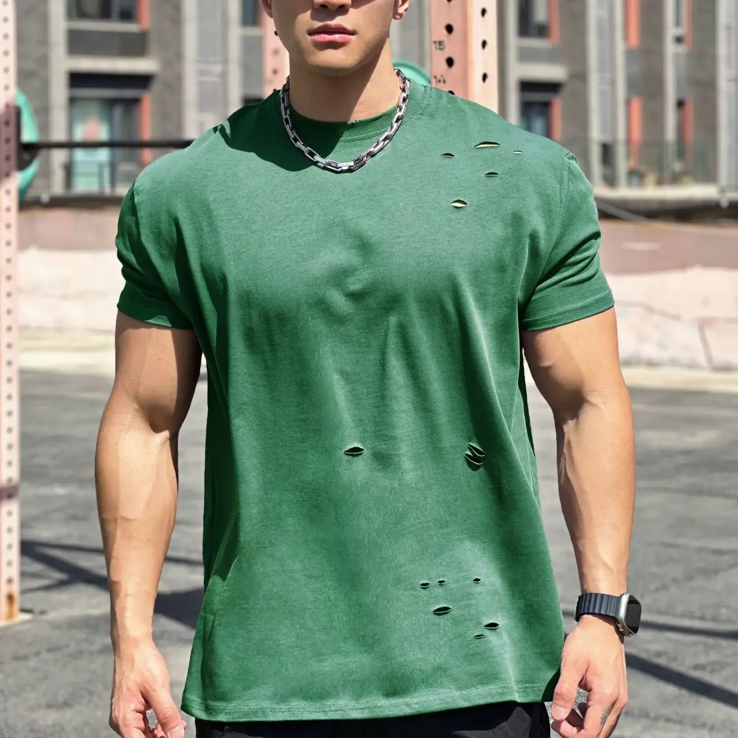 

T Shirt for Men Plain Black Break Hole Sports Man Tee Shirts Ordinary Elastic Basic Korean Clothing Luxury High Quality Y2k Top