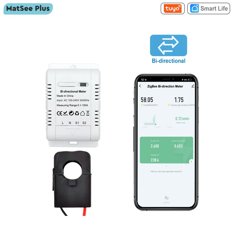Tuya Smart Bidirectional Two Way WiFi ZigBee Energy Meter 150A Clamp Current Sensor Solar Import Export KWh Monitor 110V 240VAC