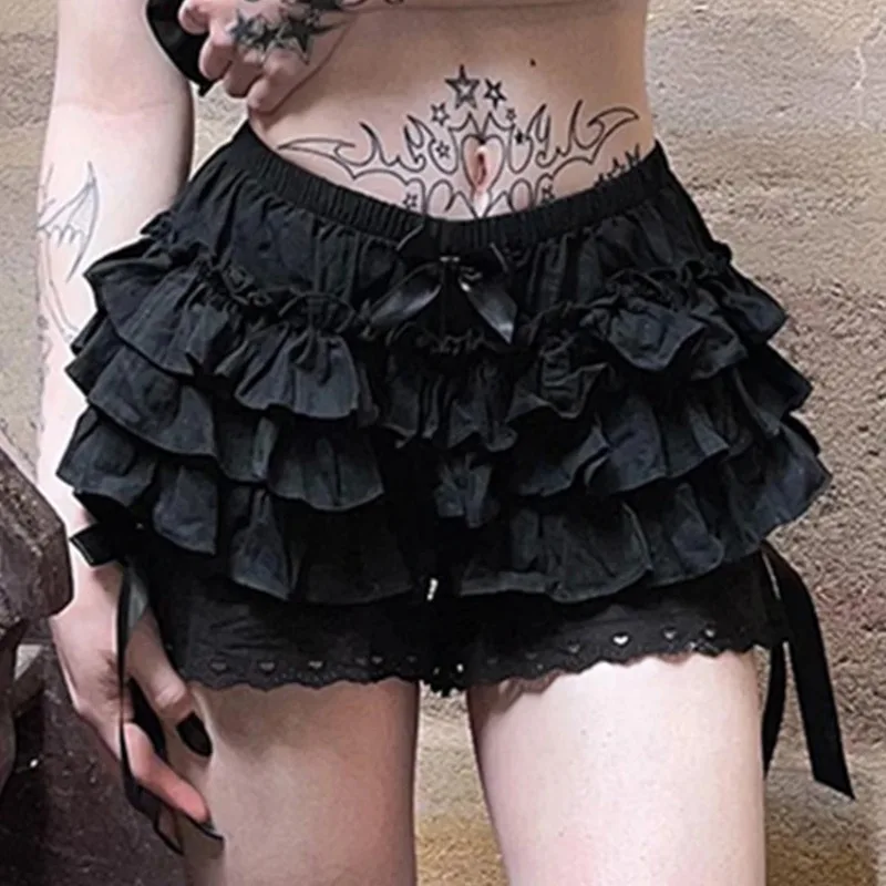 Y2k E-girl All-match Shorts Women Aesthetic Streetwear Dark Goth High Waist Bow Lace Patchwork Shorts Goth Hotsweet Skirt Shorts