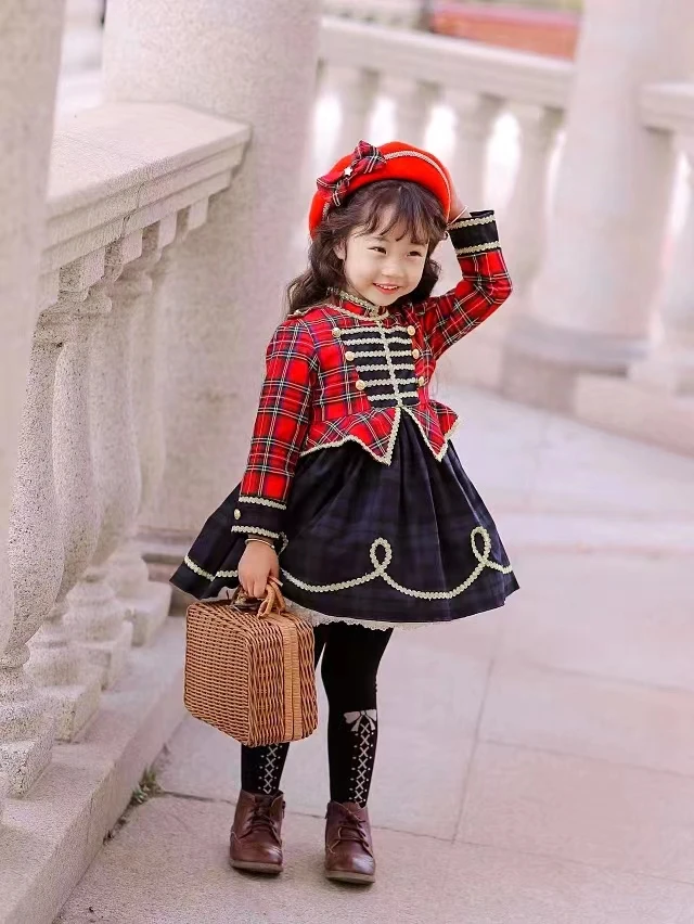 0-12Y Baby Girl Autumn Winter Green Plaid Red Velvet Vintage Spanish Princess Ball Gown Dress for Eid Causal