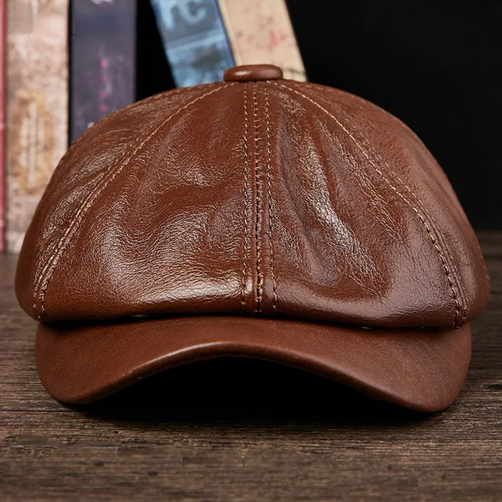 NEWSBOY Caps For Men Black Real Leather Octagonal Cap Male Autumn Winter Fitted Vintage High Quality Duckbill Hats Beret