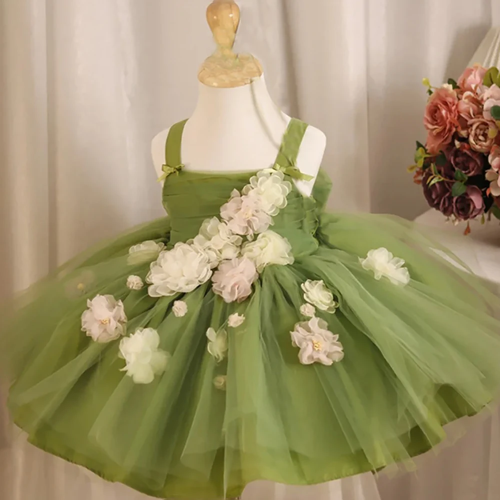 Summer Floral Green Wedding Party Dress For Flower Girls Baby Girl 1st Birthday Tutu Dresses Toddler Daily Holoday Clothes Wear