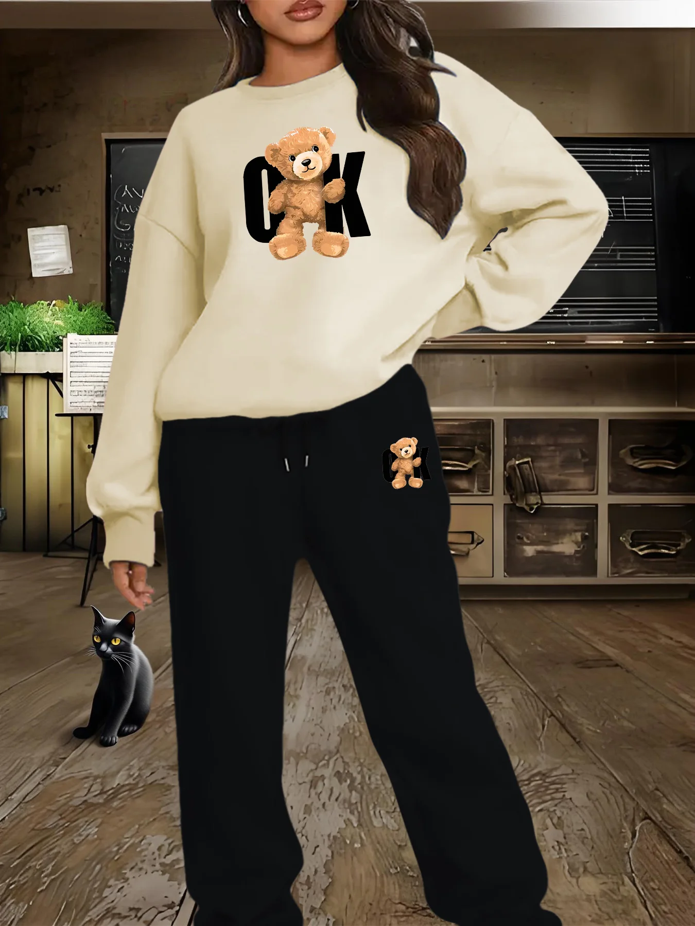 Sudadera de cuello redondo estampada a la moda urbana informal hip-hop de otoño e invierno para mujer + pantalones de chándal traje cálido