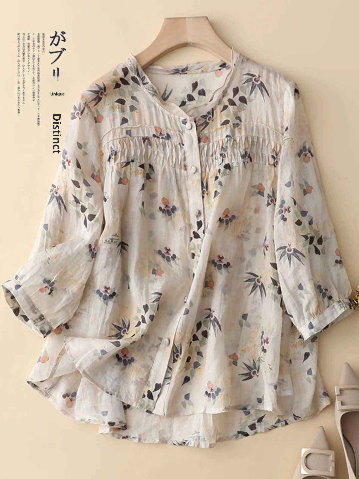 

Свободный хлопковый льняной топ в стиле ретро с цветочным принтом ort Sve irt, женский винтажный повседневный летний топ со сложенным подолом на пуговицах