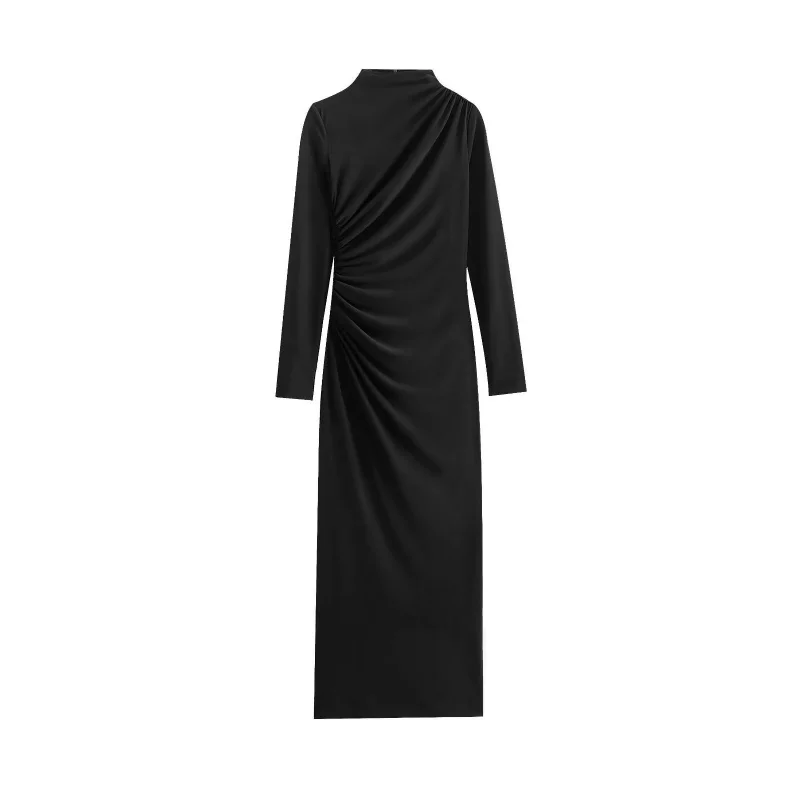 الخريف الوقوف طوق كم طويل مطوي سليم فساتين طويلة النساء تنوعا فستان الحفلات الإناث عادية شاطئ عطلة ارتداء 2025 جديد