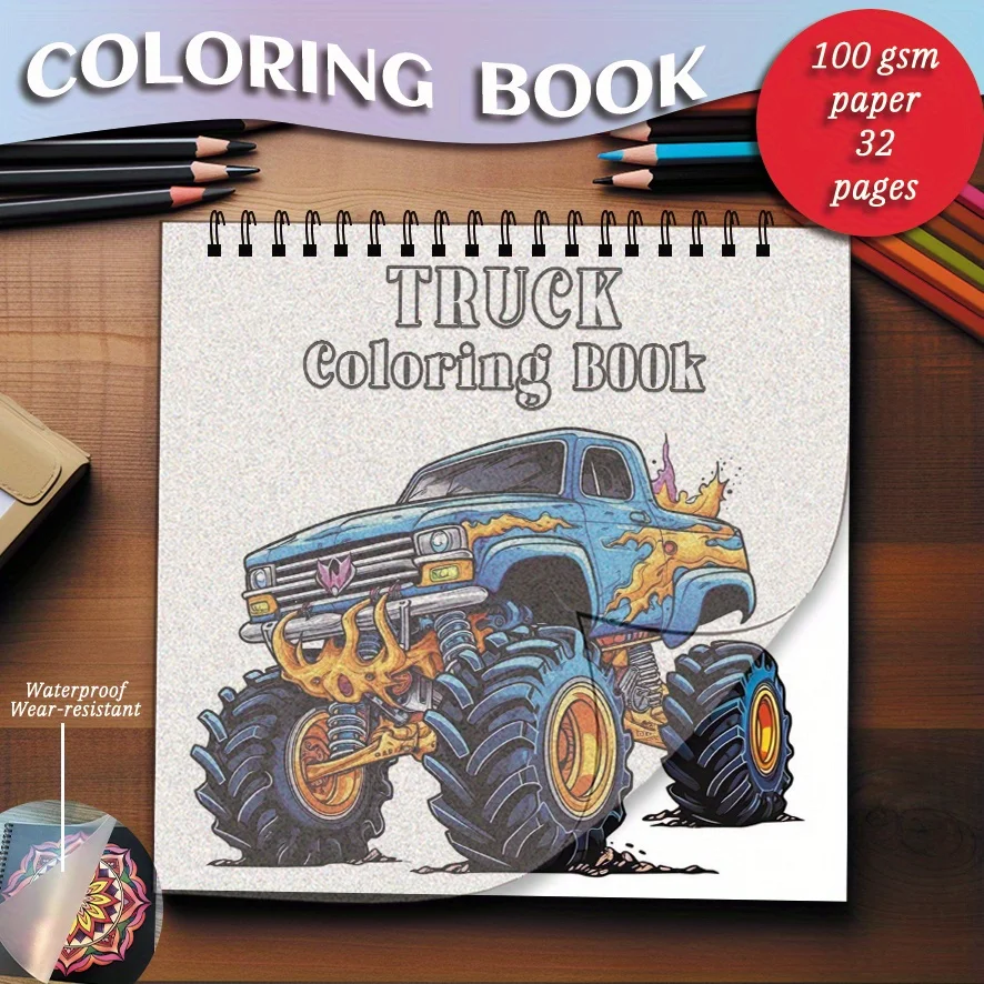 

Книжка-раскраска для взрослых — 8,27 x 8,27 дюйма, 32 страницы, книжка-раскраска на тему грузовика, подходит для подростков и взрослых.