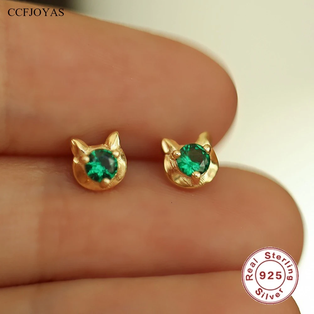 

CCFJOYAS Mini Cute Cat Head 925 Sterling Silver Stud Earrings for Girl Green Zircon Animal Simple Women Fashion Jewelry