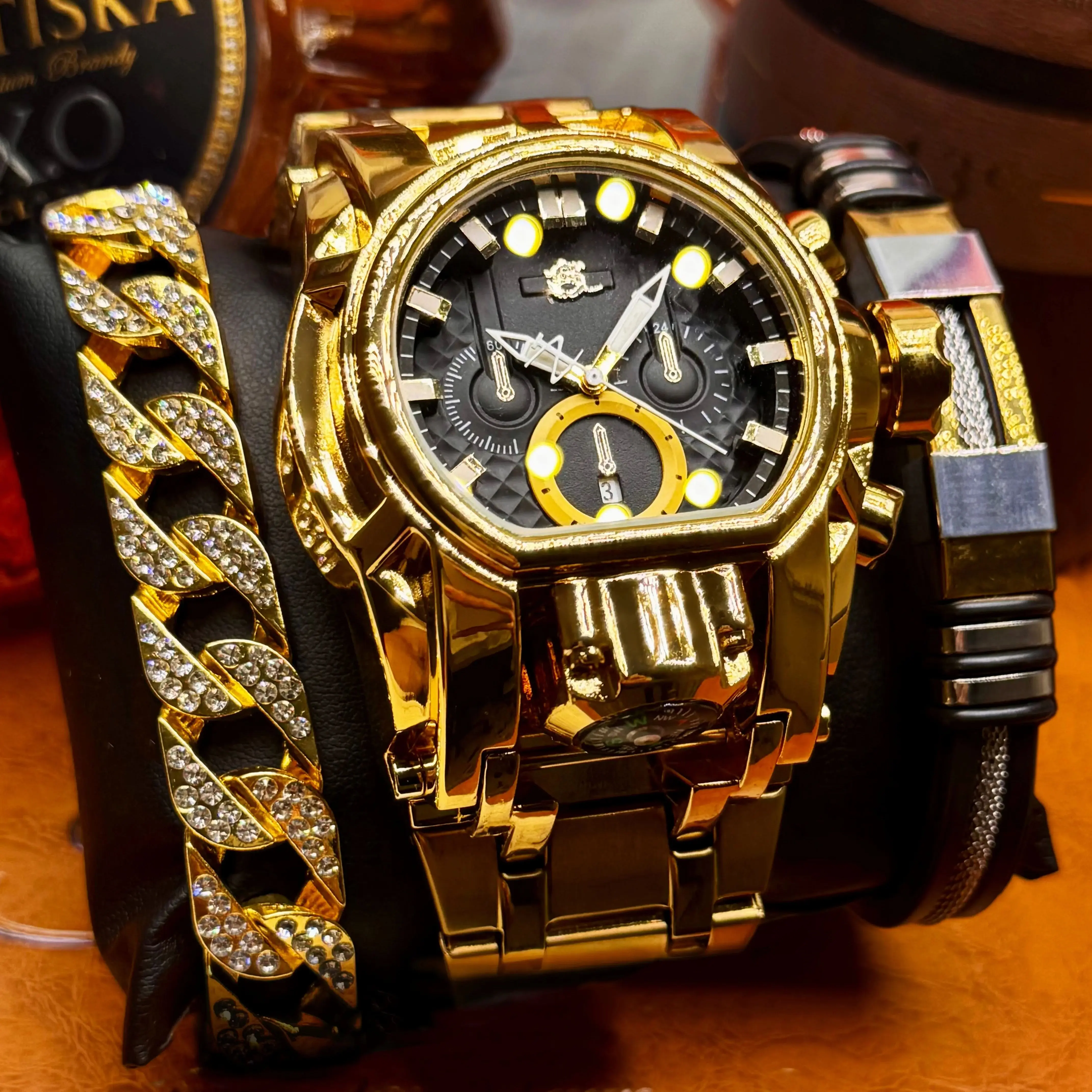 Clown Series Guide Ball Punk Quirky Men's Personality Watch, Fashionable Youth Popular Gold Steel Luminous Watch, Trendy Gift Watch