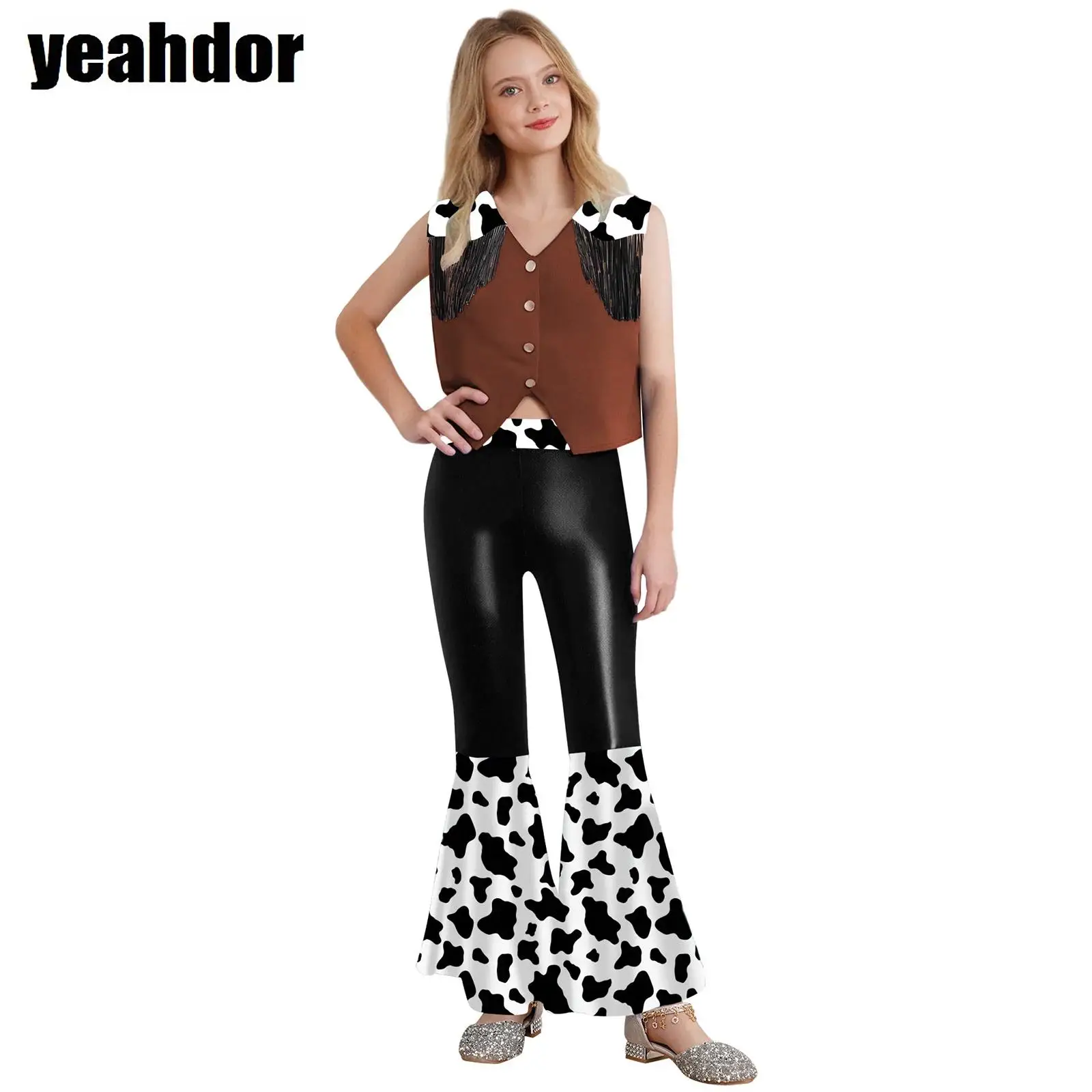

Girl Halloween Western Cowboys Costume Cowgirls Cosplay Outfit V-Neck Fringes Vest Waistcoat Bell-Bottomed Pants with Scarf Hat