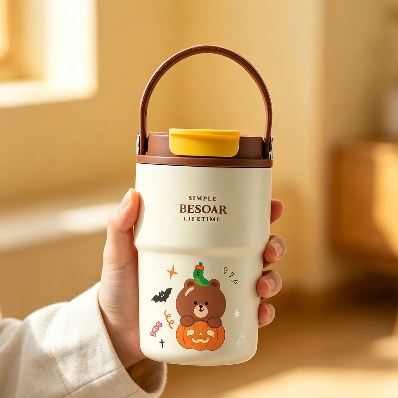 Women Creative Thermal Water Bottle Large Capacity Cute Cartoon Coffee Cup Outdoor Water Bottle for Travel Outdoor Activities