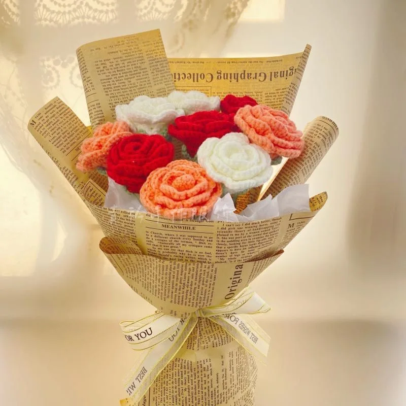 2PCS Knitted Rose Artificial Flowers Crochet Handmade Red Rose Wedding Home Party Table Decoration Creative Gift for Woman Girls