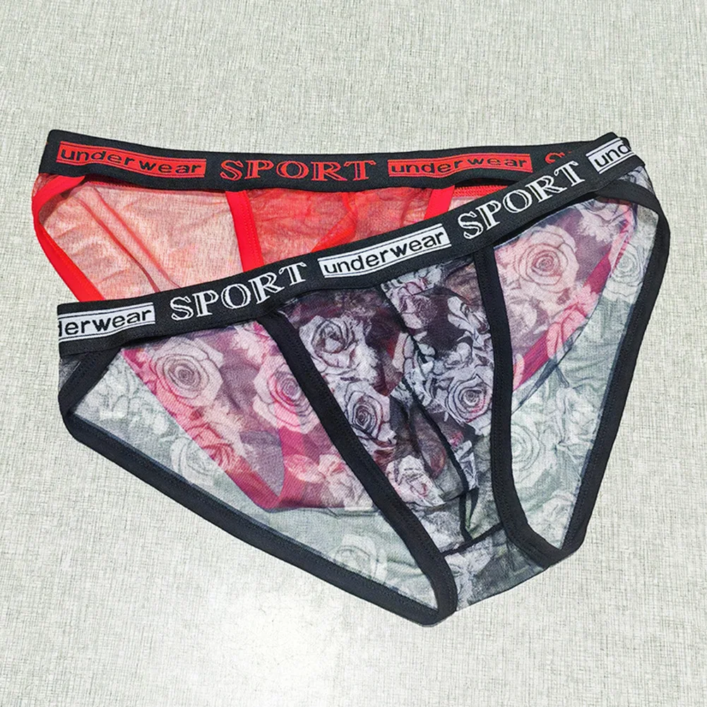 Men\'s Rose Print Mesh Briefs Underwear with High Fork Design Breathable See Through Style for Comfortable Fit and Modern Look