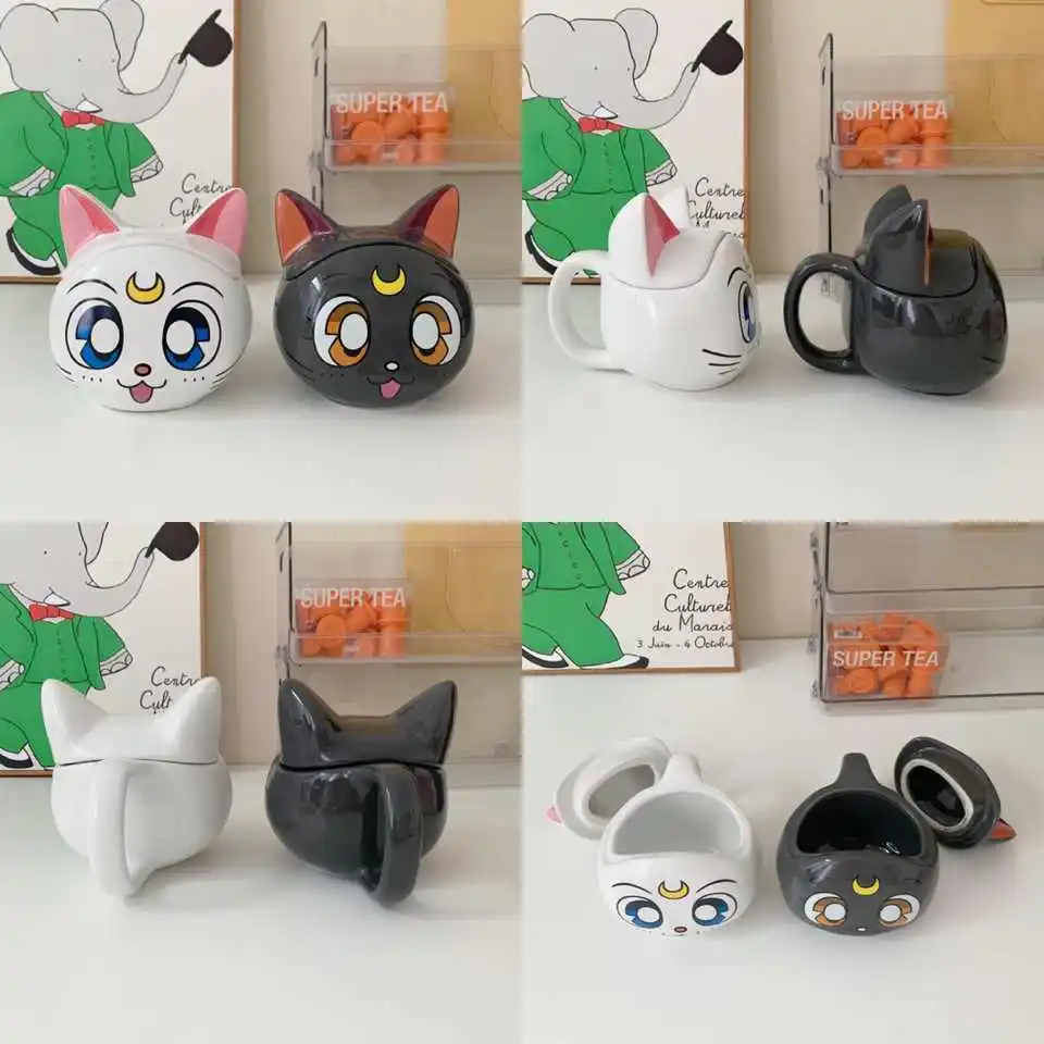 Sailor Moon Cat Ceramic Mugs Black White Cat Cartoon Mug With Handle Anime Cute Drink Water Milk Cup Birthday Christmas Gift