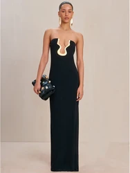 Sexy Strapless Irregular U-shaped Metal Design Bandage Dress Women Black Sleeveless Long Bodycon Dresses Celebrity Evening Party