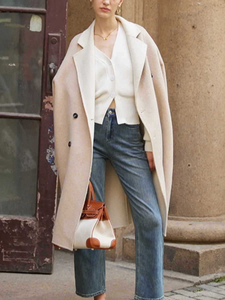 GALCAUR Elegant Patchwork Lace Up Wool Coat For Women Lapel Long Sleeve Spliced Double Breasted Temperament Winter Coats Female