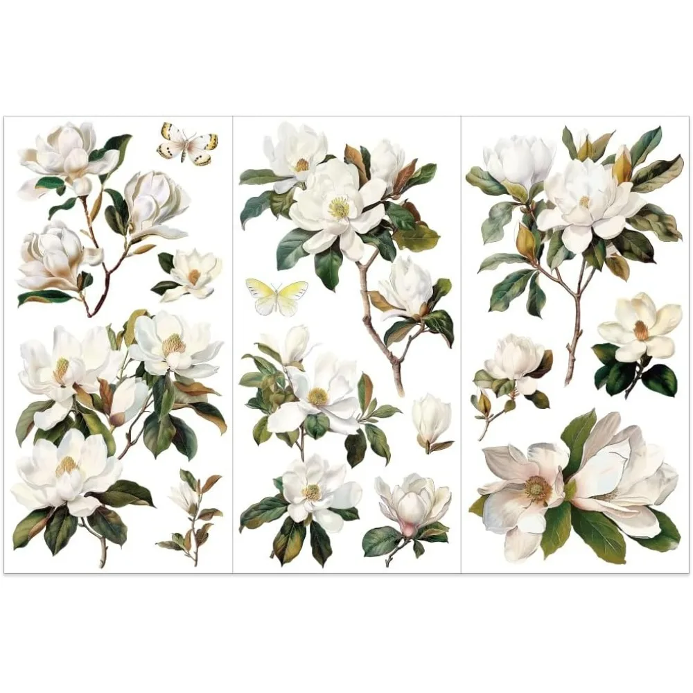 3pcs/Set White Magnolia Rub on Transfers for Crafts and Furniture 6x12 inch Flower Decor Transfer Stickers Vintage Floral