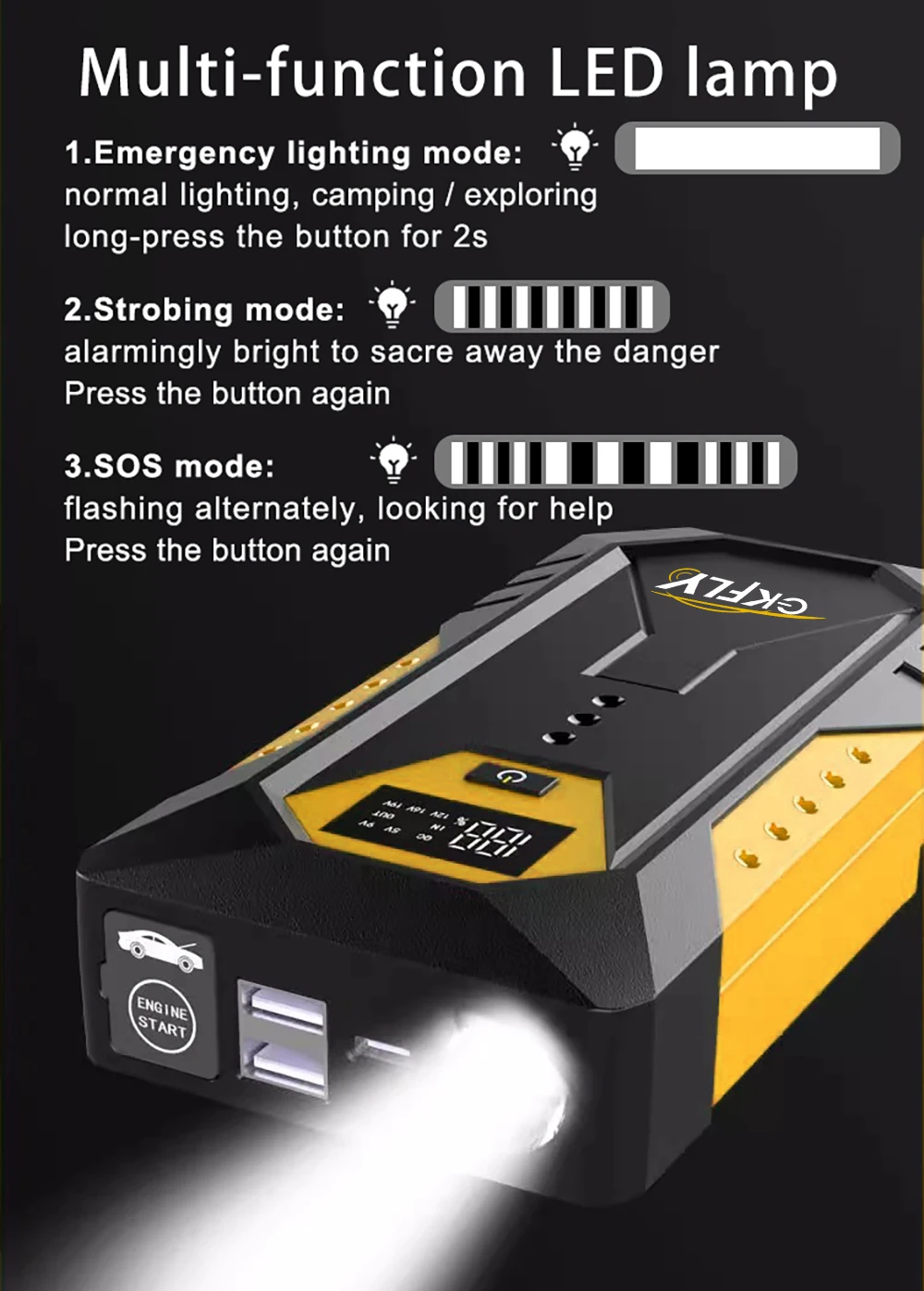 GKFLY 3000A Tragbarer Auto-Starthilfe 59,2 Wh Power Bank Auto-Booster-Ladegerät 12 V Startgerät Benzin Diesel Auto-Booster Buster – Detail 14