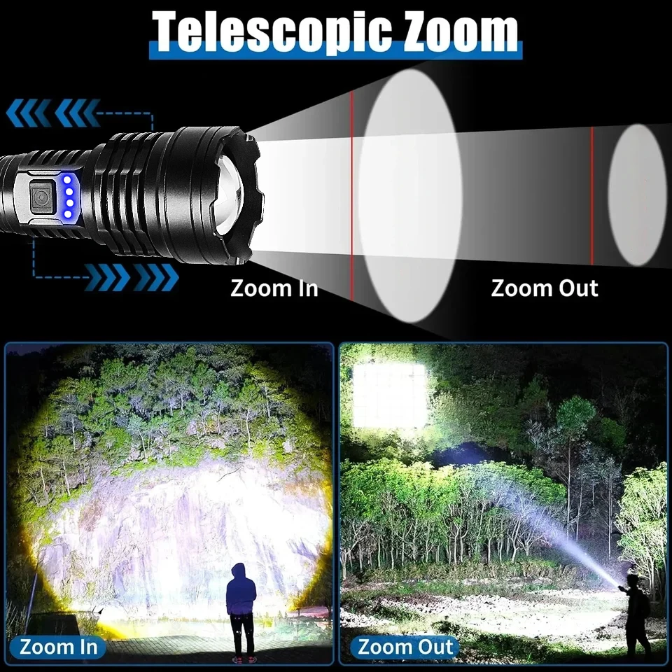 2025 New 9000000LM Flashlight 3000M Long Shot 12H Use IPX6 Waterproof 5 Modes Telescopic Zoom Type - c Charging