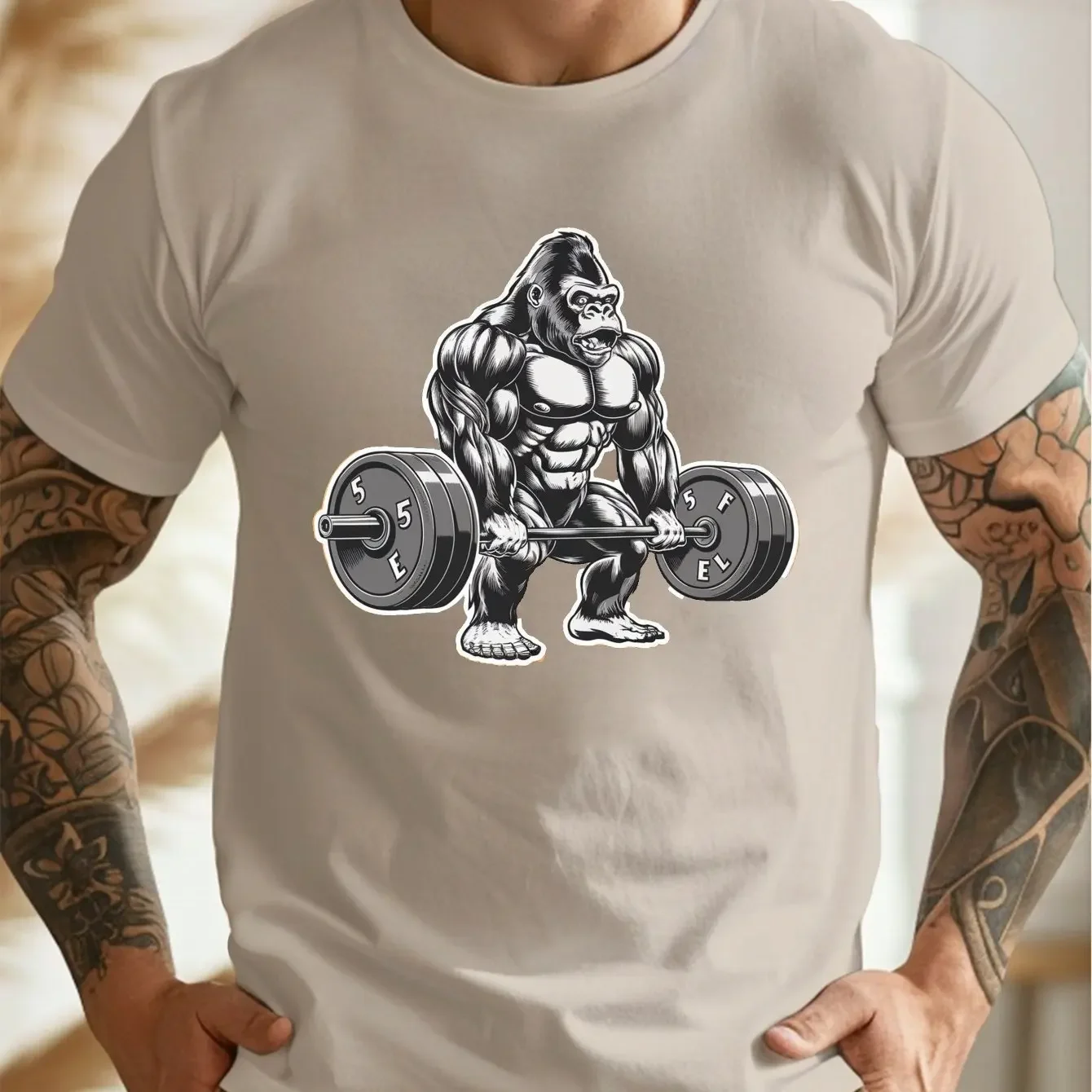 100% pure cotton new summer men's and women's short sleeved T-shirt with chimpanzee dumbbell pattern print, comfortable fabric