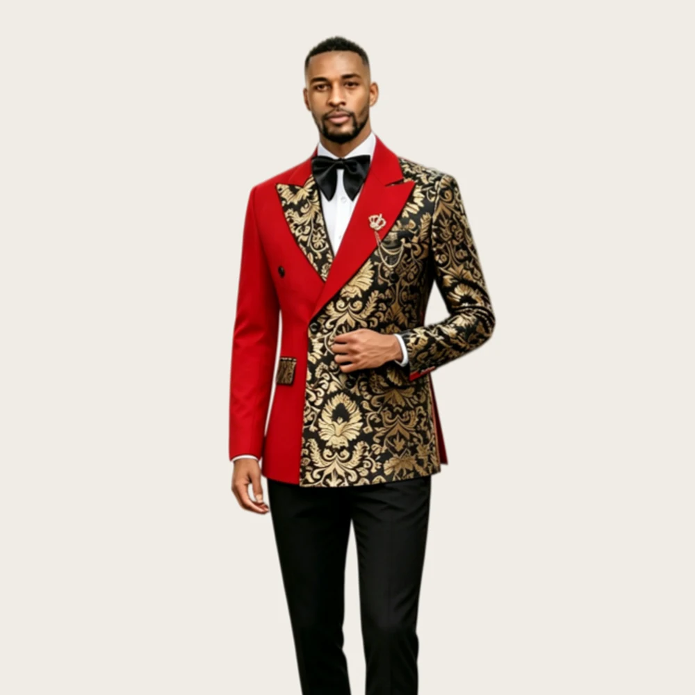 

Mophiel Gold Jacquard Men's Suits with Double Breasted Peaked Lapel Tuxedo for Wedding Party Prom Slim Fit Blazer Customized