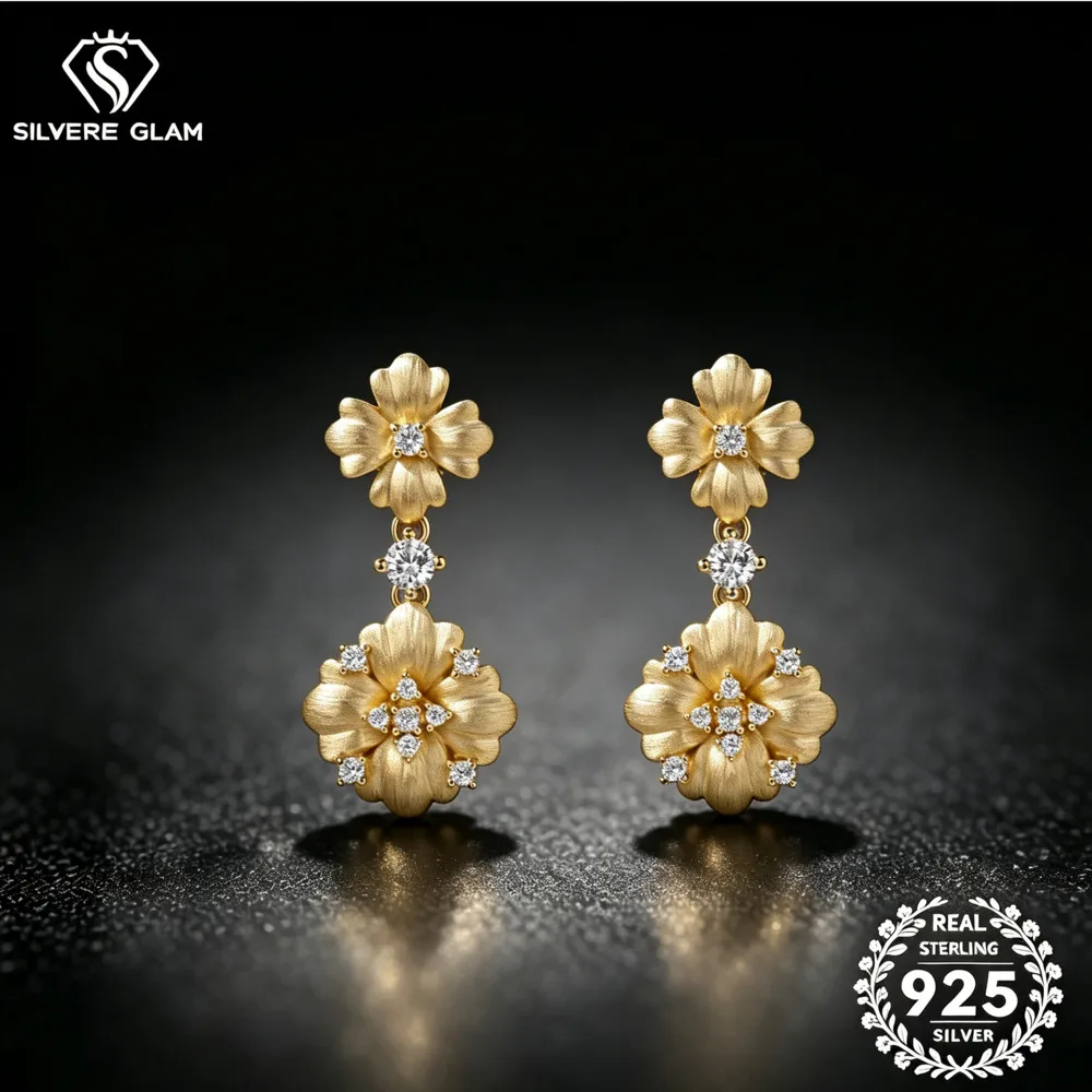 S925 Silver Matte Floral Drop Earrings Round D VVS1 Moissanite Vintage Flower Dangle Earrings Luxury Women Wedding Jewelry Gift