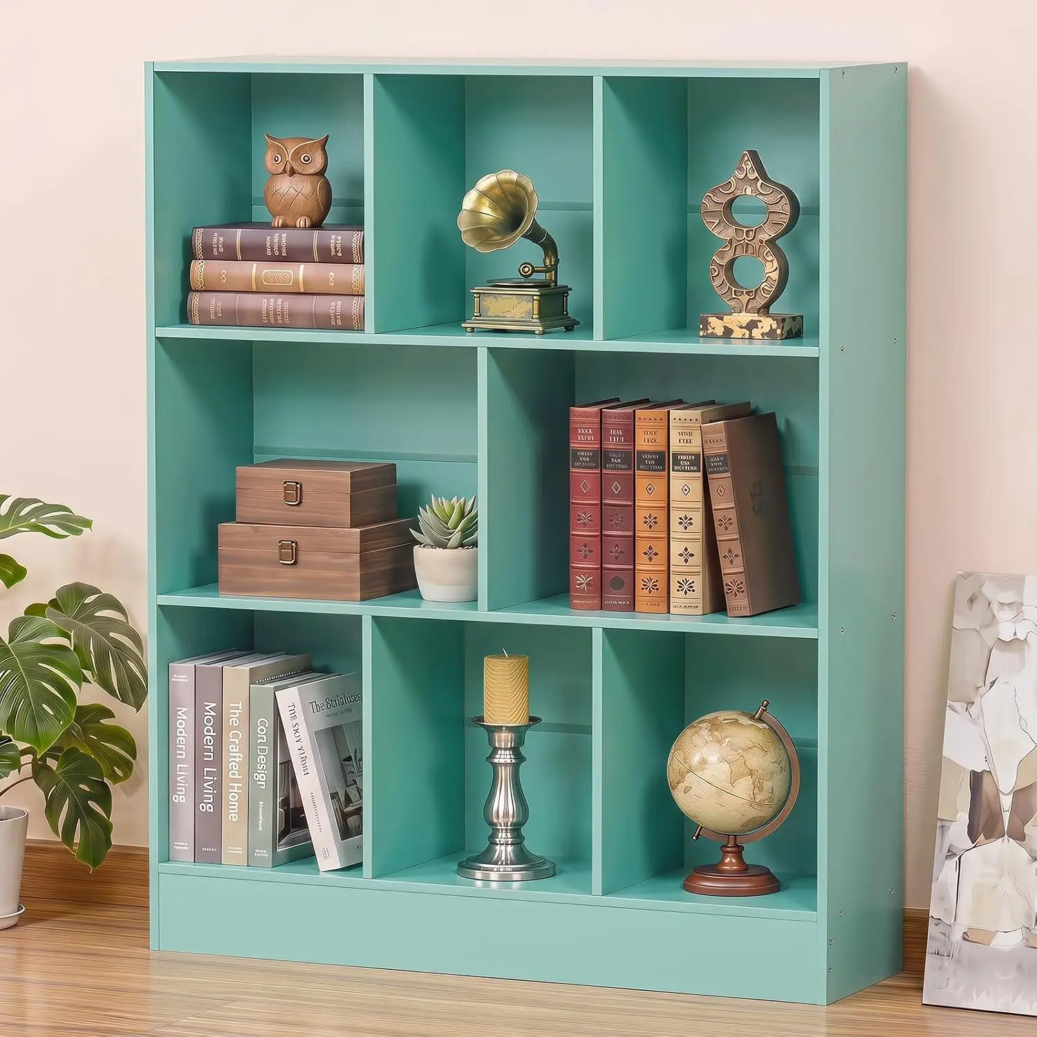 3 Tier 8 Cube Horizontal Bookshelf Low Bookcase with Shelves Green, Customized