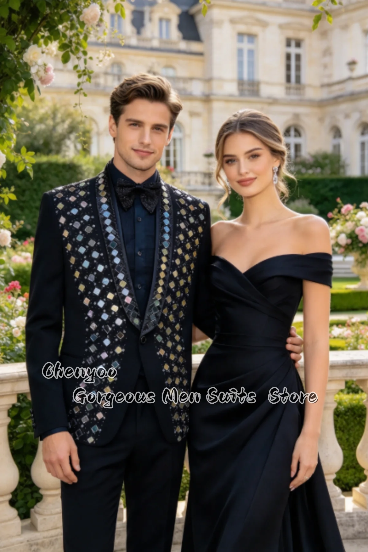 Luxury Sequin Glitter Men Suits Wedding Groom Tuxedo 2 Pieces Rhombus Embellished Lapel Blazer  Formal Customized Ropa Hombre