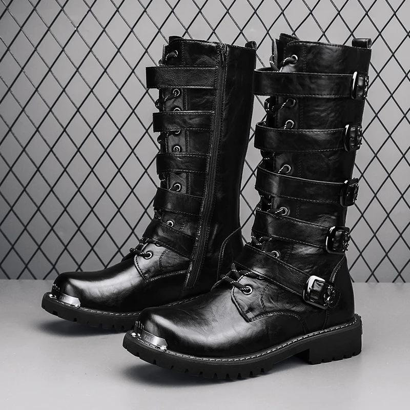 large size men fashion stage nightclub high motorcycle boots black designer shoes cowboy original leather boot long knight botas