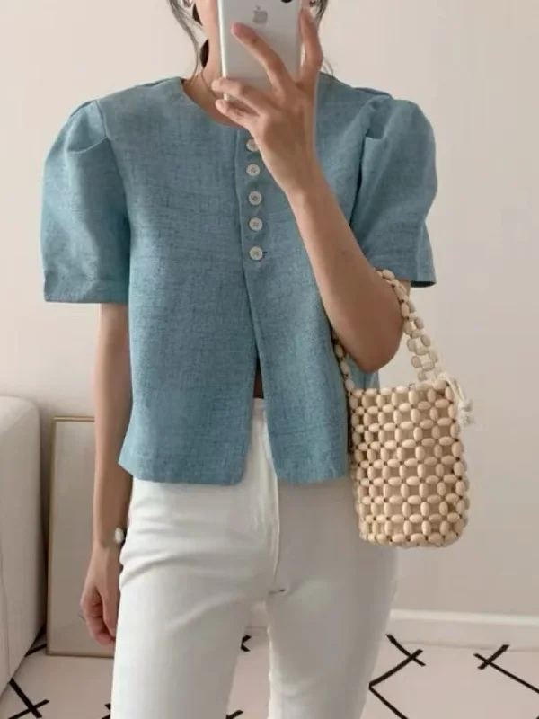 

Ретро-рубашка из хлопка и льна с рукавами-фонариками, женский укороченный кардиган с круглым вырезом, элегантный топ с разрезом до половины груди