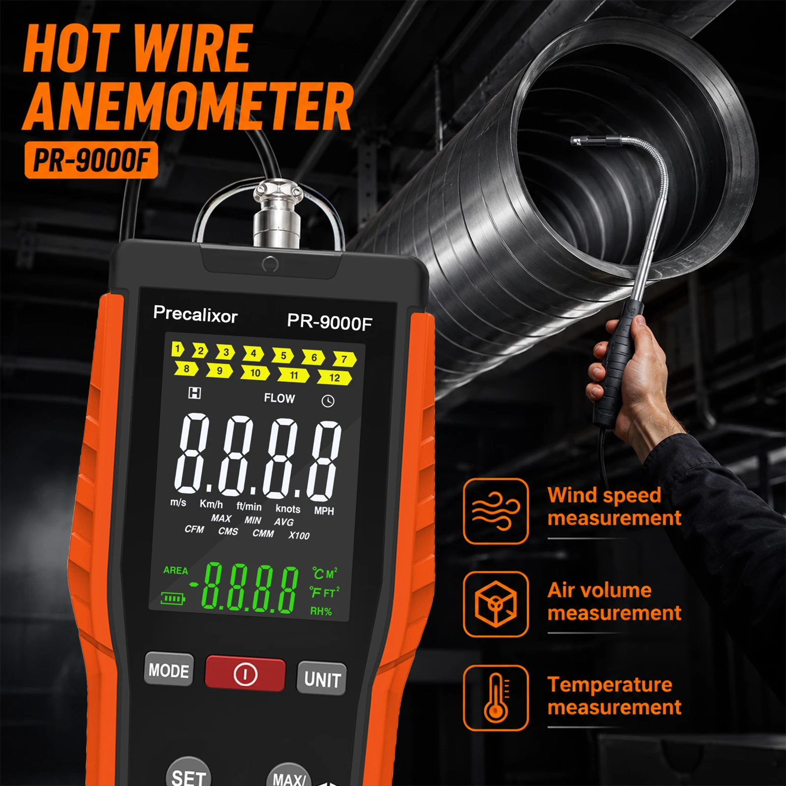 HVAC 2-Piece Kit Hot Wire Anemometer Wind Speed Air Flow Meter Infrared Thermometer Gun -50°C to 700°C AC Duct Vent Tester