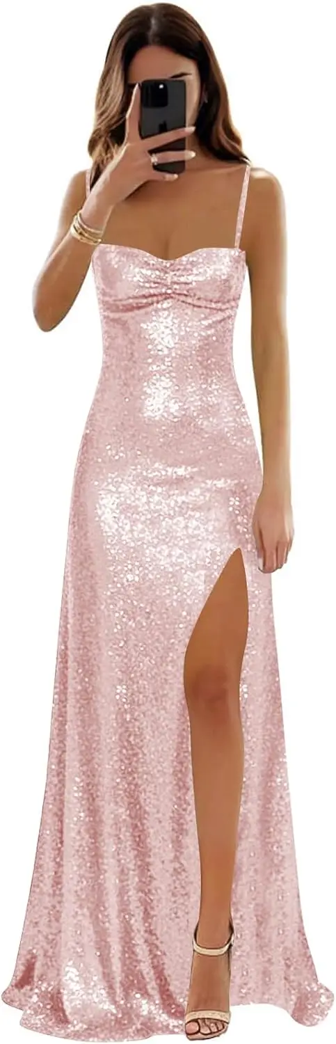 

Sequin Prom Dresses 2026 Sparkly Spaghetti Straps Corset Ruched Slit Long Formal Gowns Evening Dresses Party Luxury Dress