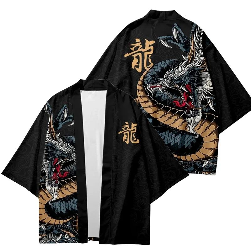 Japanese Traditional Dragon Pattern Kimono Cardigan Retro Samurai Tops Harajuku Haori Oversized Cardigan Yukata Men's Clothing