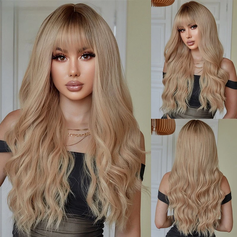 

High temperature silk women's wig, fashionable style, super long beige, big waves with bangs.
