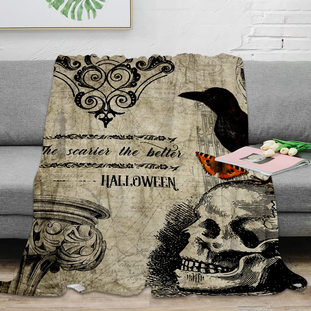 Halloween Skull Crow Butterfly Gothic Custom Blankets Bedroom Living Room Sofa Throw Blankets Blankets for Beds