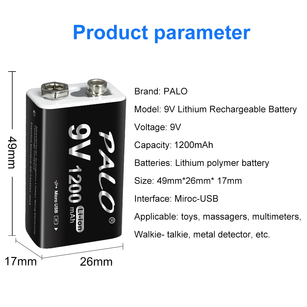 PALO 9V 1200mAh Li-Ion Battery USB Rechargeable 6F22 9V Batteries 9 volts Constant Voltage Bateria for Multimeter Metal Detector