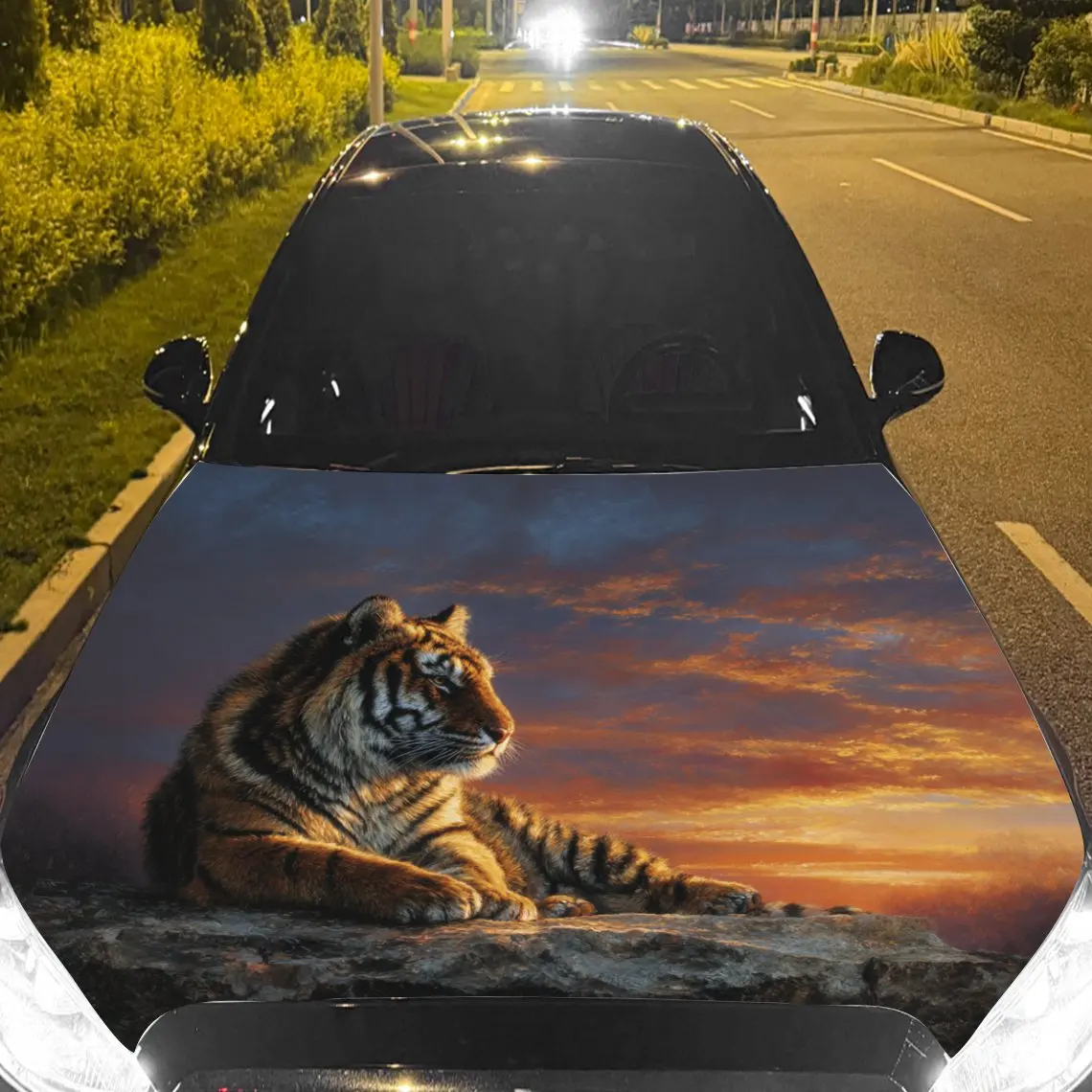 Car Decals Majestic Tiger Resting Under a Breathtaking Sunset Sky Car Hood Sticker, Waterproof Self - Adhesive Vinyl Graphics De