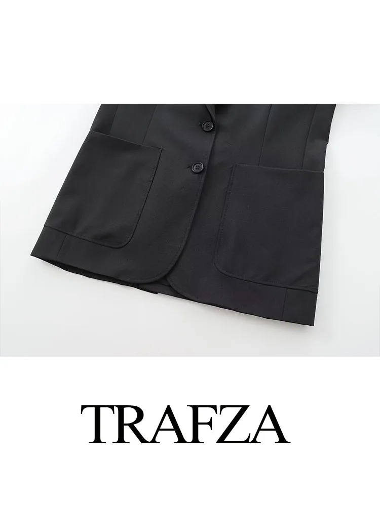 Trafza-女性用ターンダウンカラースーツ、長袖、ポケット、シングルブレスト、ミッドウエストボタン、ジッパーパンツ、トレンディな黒、秋