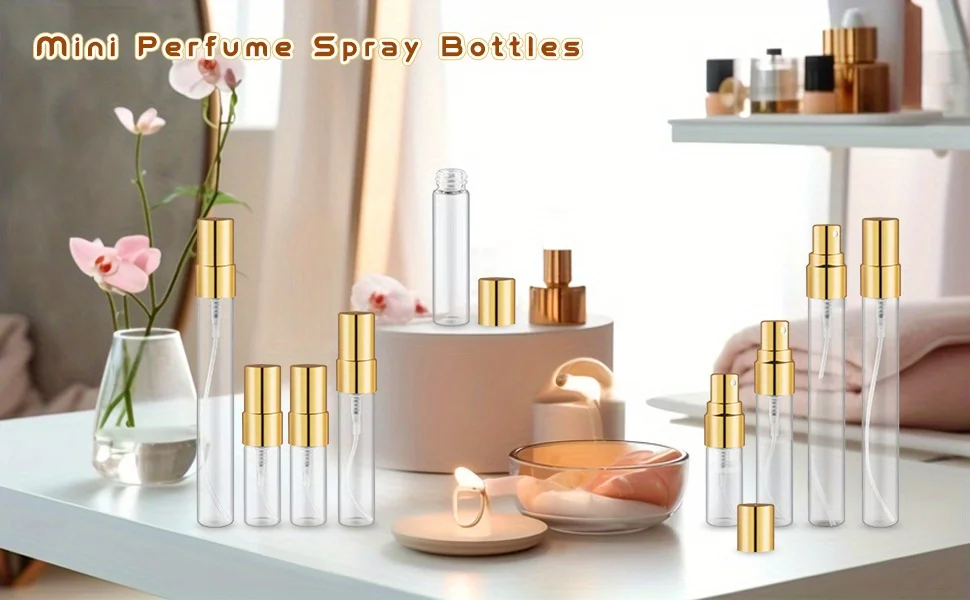 40 Stück 5ml/10ml Mini-Sprühflaschen aus transparentem Glas, ausgestattet mit goldenen Aluminium-Düsen, wiederverwendbar, feines Sprühdesign, geeignet – Detail 1