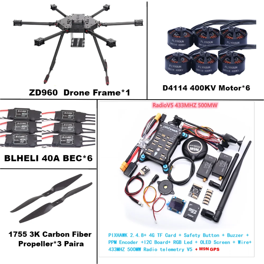 

Angeltoy ZD960 PIXHAWK2.4.8 M9N Full Carbon Fiber Hexa-Rotor Frame BLHELI 40A ESC Flight Comtrol Rado Telemetry Set