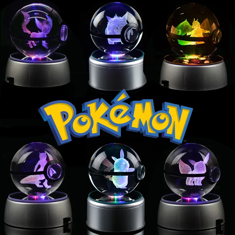 Pokemon 3D Crystal Ball Pikachu Mewtwo Arceus Model Three-Dimensional Figures Pokeball Glass Ball Colorful Lamp Base Ornaments