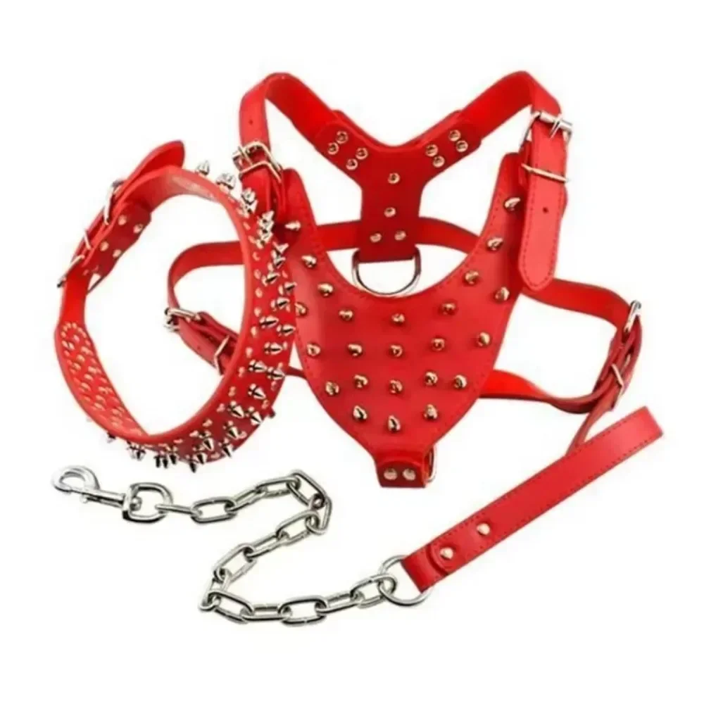 3pcs Set Dogs Kingdom Spiked Studded Dog Harness Collar Chain Walking Training Adjustable Leather Dog Pet Collar Harness Leash - view 3