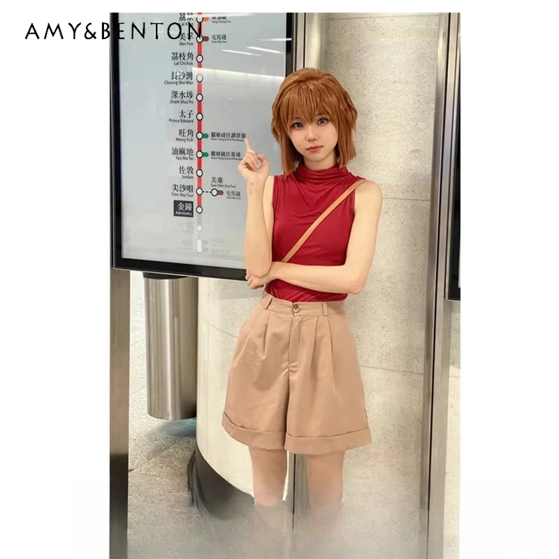 

Original Design Burgundy High Neck Sleeveless Women's Vest Summer New 2D Sweet Cool Cute Versatile Elegant Shorts Suit Ladies