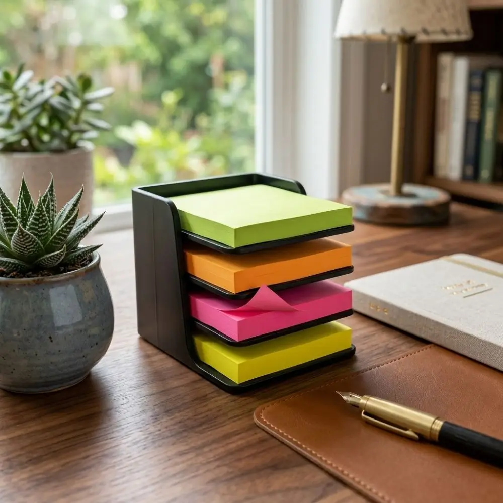 Stackable Sticky Note Holder Plastic Layer-Divided Note Storage Box Anti-Tip Stable Base Square Note Compatible Workstation Use