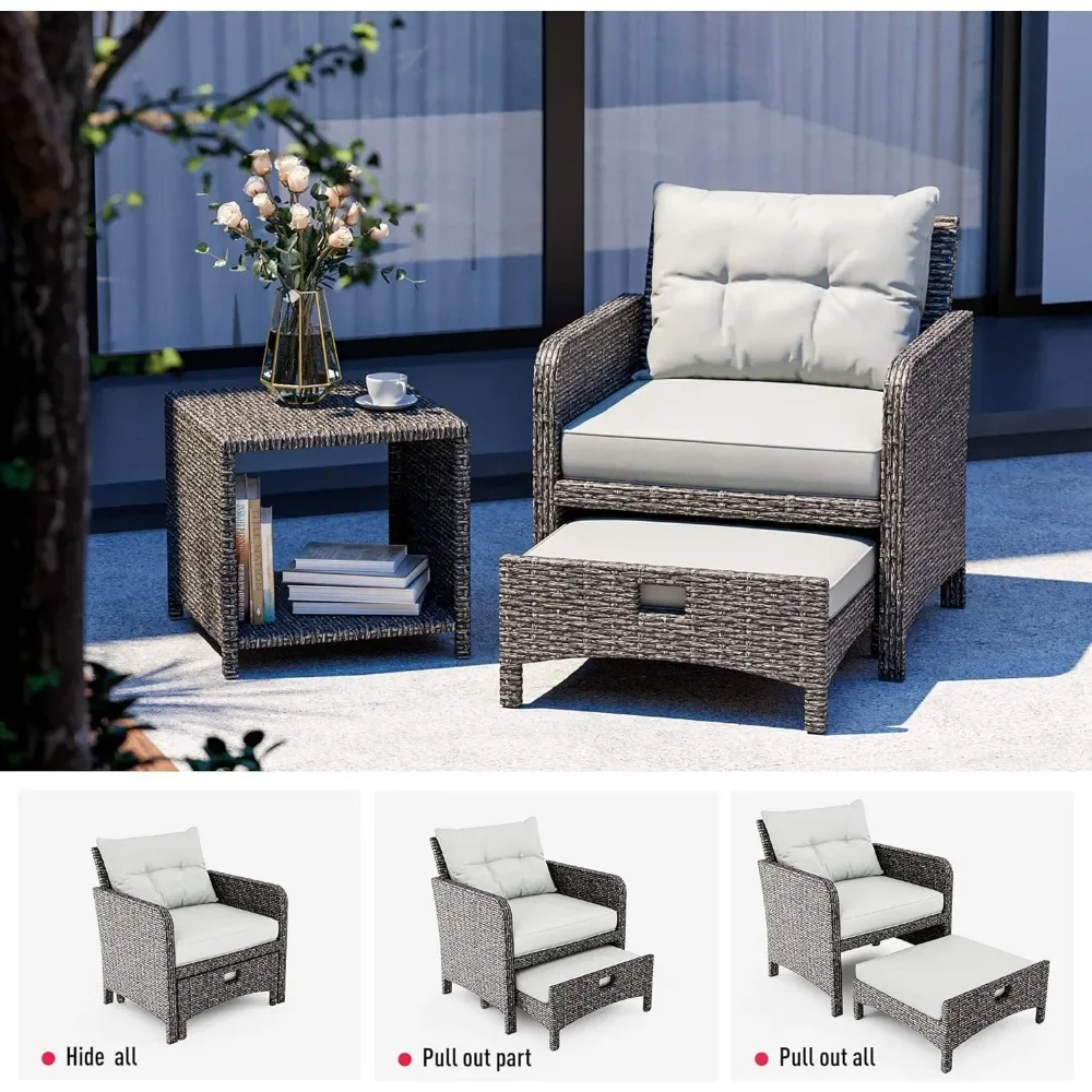 Juego de muebles de mimbre para Patio, sillas de exterior con otomanas, conversación con café (cojín gris + ratán gris), 5 piezas