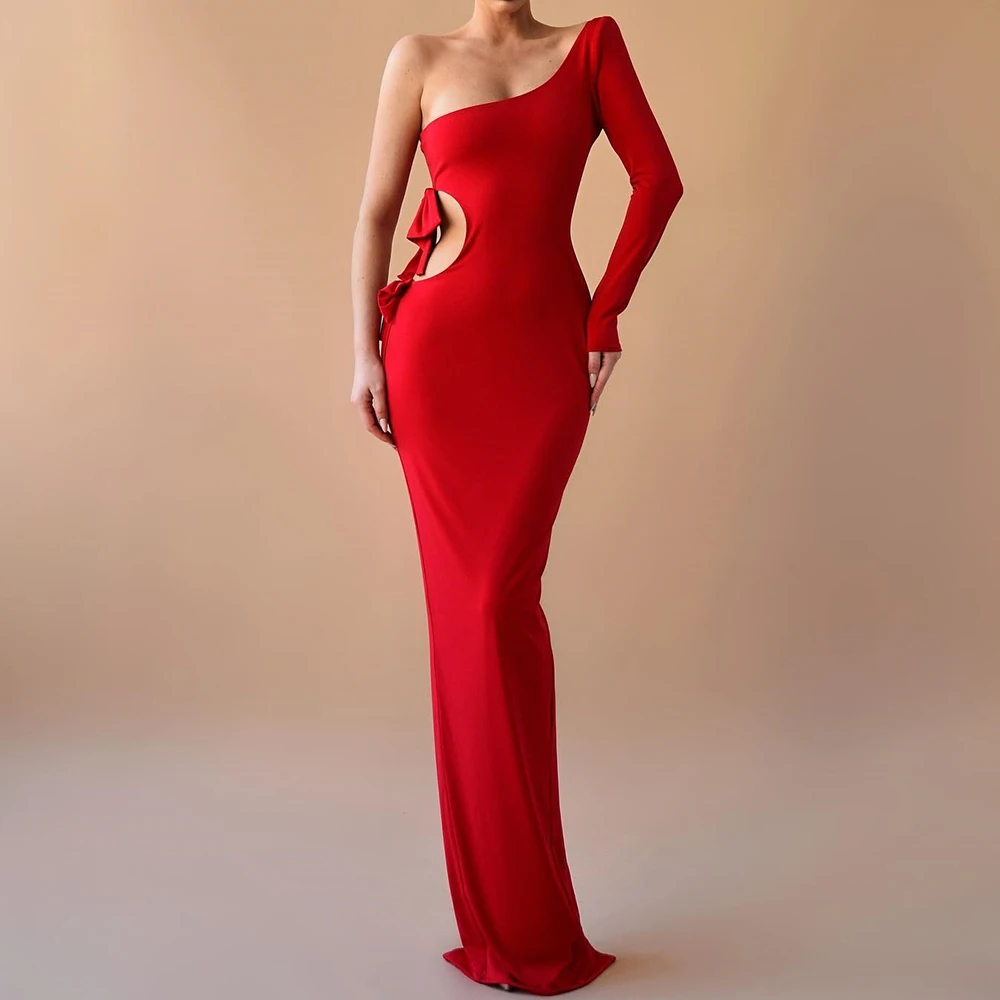 Customized Sexy Jersey Straight One Shoulder Evening Dress Delicate Long Sleeves Floor Length vestidos para mujer