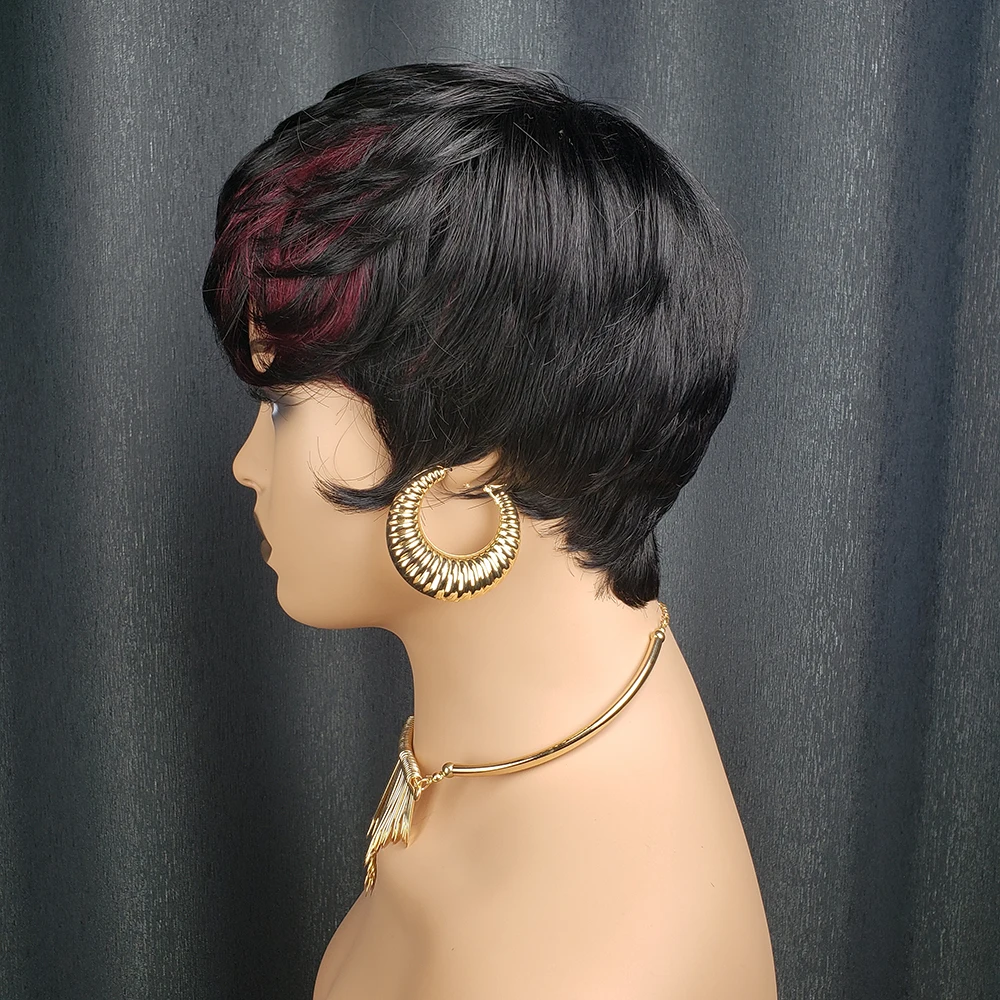 숏 픽시컷 가발 100% 인모 여성용 버건디 블랙 앞머리 있는 브라질리언 헤어 머신메이드 프리 플러킹 헤어라인